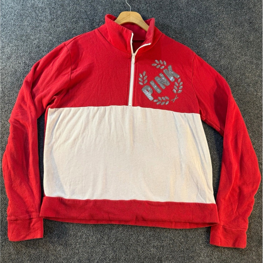 PINK Victoria's Secret Sweatshirt Womens M Red White Colorblock 1/4 Zip Logo